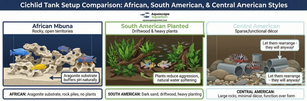 Three aquascaping styles for cichlid tanks: African rocky setup, South American planted setup, Central American sparse setup