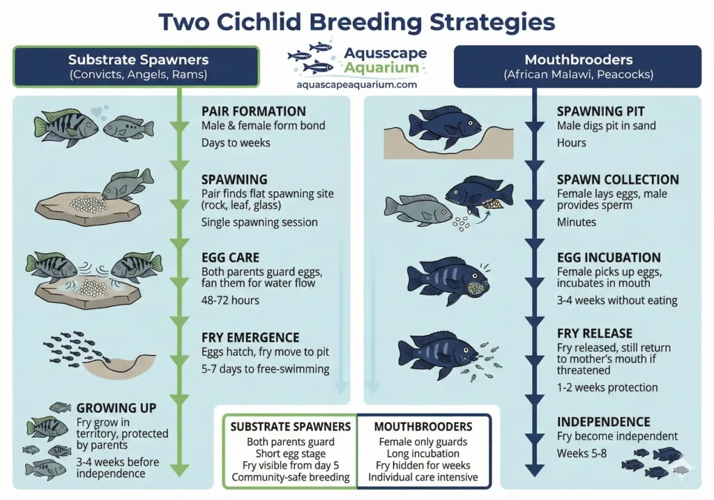 Cichlid breeding methods comparison infographic showing substrate spawner and mouthbrooder breeding lifecycles