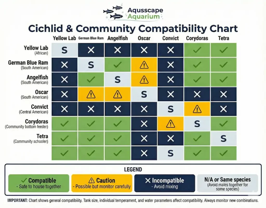 Cichlid species compatibility matrix showing which fish can be safely housed together