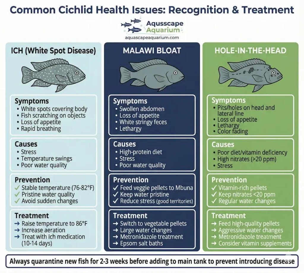 Cichlid diseases and health issues visual guide showing symptoms, causes, and treatment for ich, bloat, and hole-in-the-head