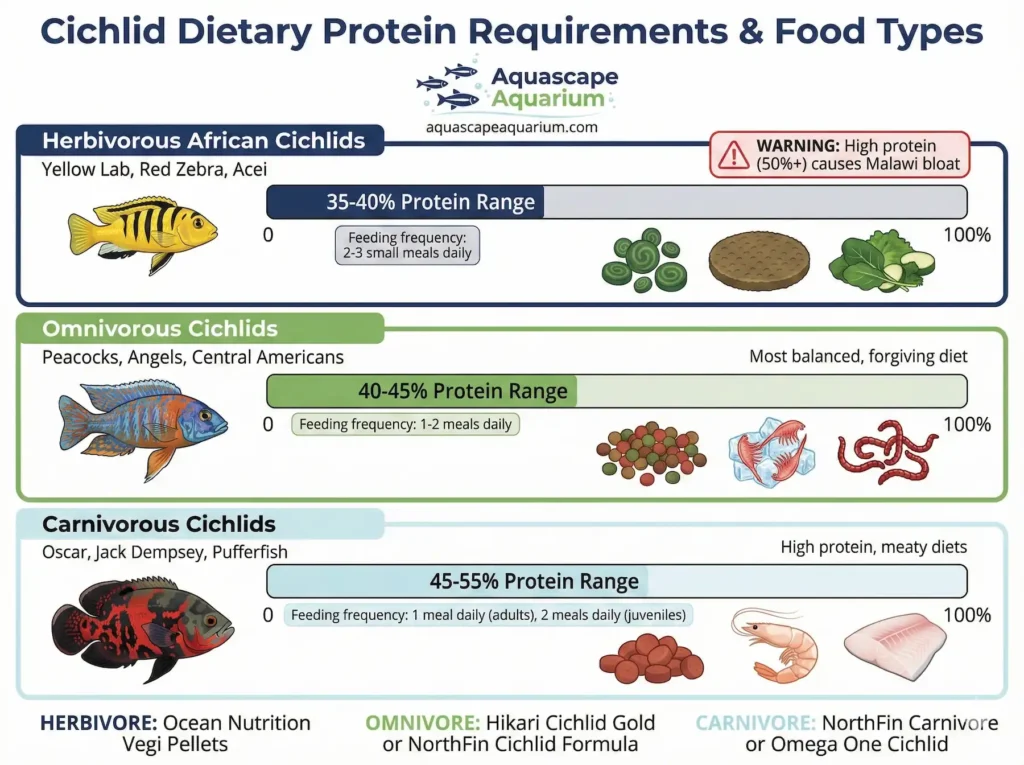 Cichlid dietary protein requirements chart showing herbivorous, omnivorous, and carnivorous species feeding guidelines