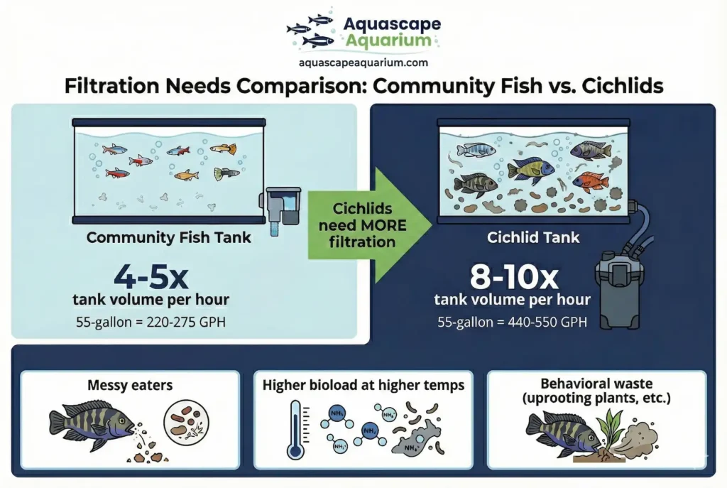 Cichlid filtration needs comparison chart showing bioload differences and GPH requirements