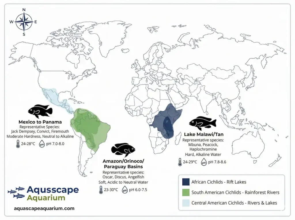 World map showing three cichlid regions: Africa (Rift Lakes), South America (Amazon), Central America