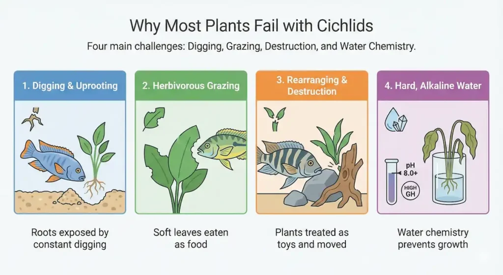 Infographic showing four reasons plants fail in cichlid tanks: digging and uprooting, herbivorous grazing, rearranging and destruction, and hard alkaline water chemistry