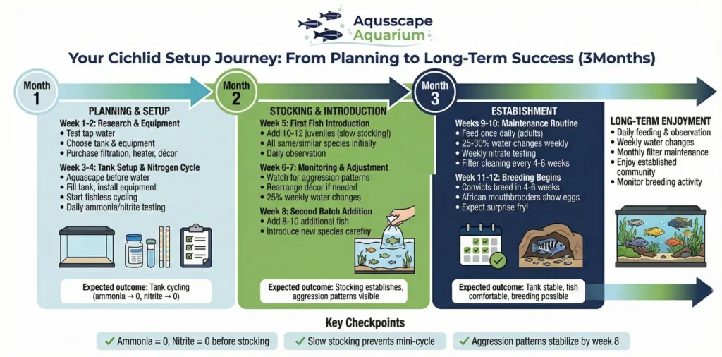 Cichlid aquarium setup timeline showing the first 3 months from planning through establishment