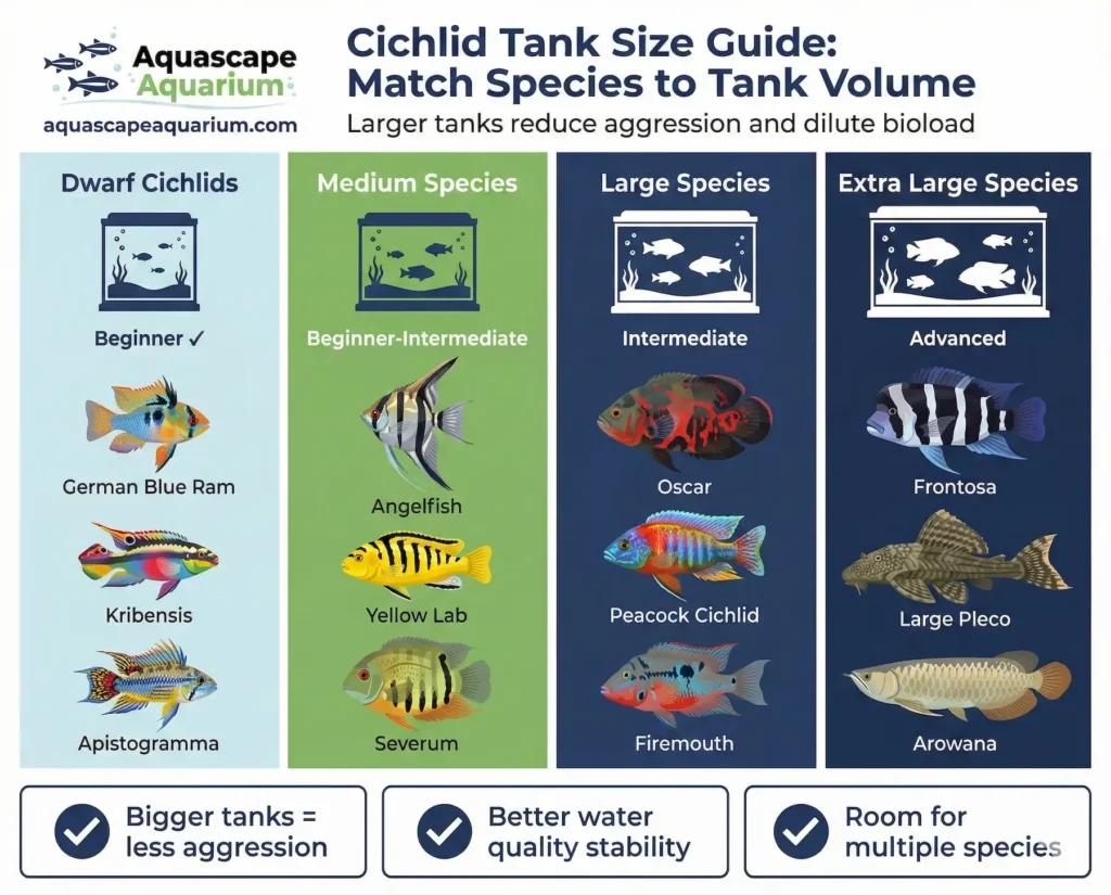 Cichlid tank size guide showing minimum tank requirements for dwarf, medium, large, and extra-large species.