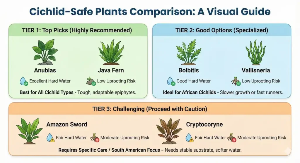 Plant compatibility matrix showing which plants work best with African cichlids, South American cichlids, Central American cichlids, and Oscars