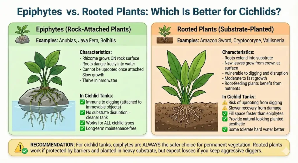 Side-by-side comparison of epiphyte plants (like Anubias and Java Fern) versus rooted plants (like Amazon Sword and Cryptocoryne), showing their root structure and attachment methods