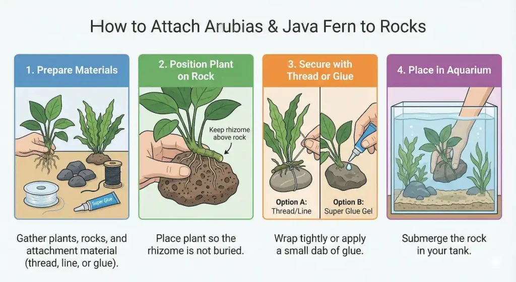 Step-by-step guide showing how to attach Anubias and Java Fern to rocks using thread or super glue, with four stages from preparation to placement in aquarium